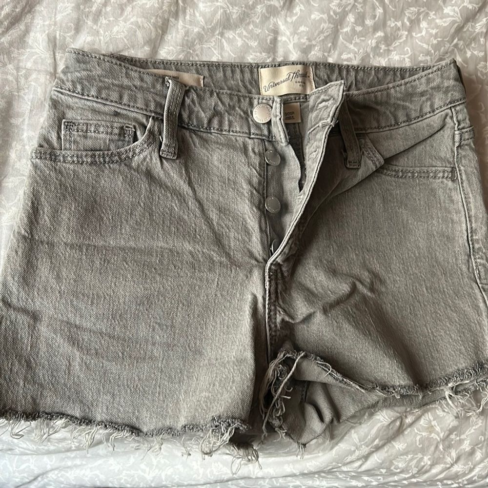 Distressed gray denim jean shorts